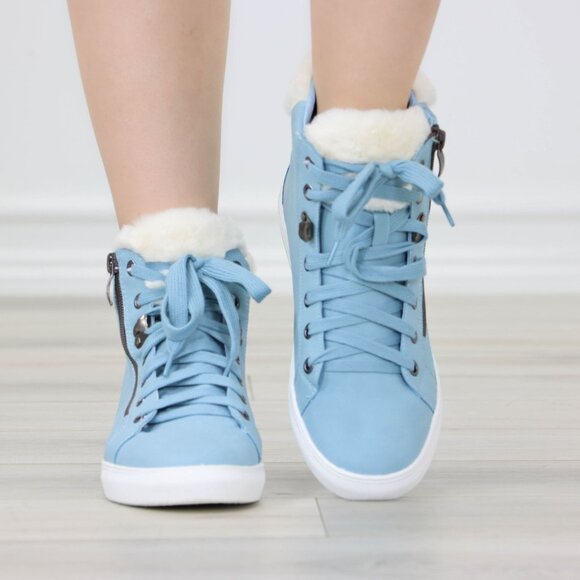 High Tops Womens Fashion Sneakers Shoes Fuzzy Ankle Light Blue - Picture 10 of 13